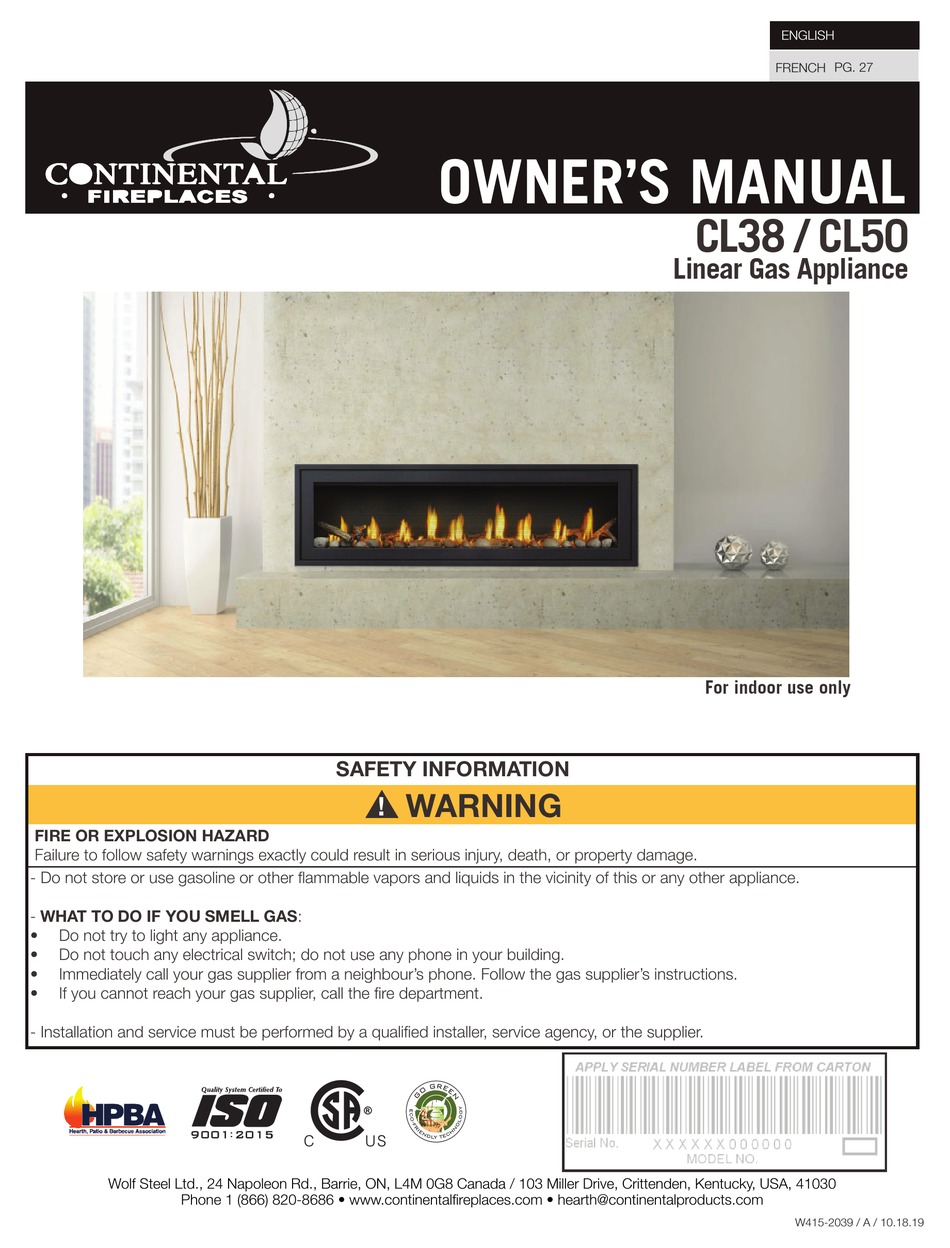 CONTINENTAL FIREPLACES CL50 OWNER'S MANUAL Pdf Download ManualsLib