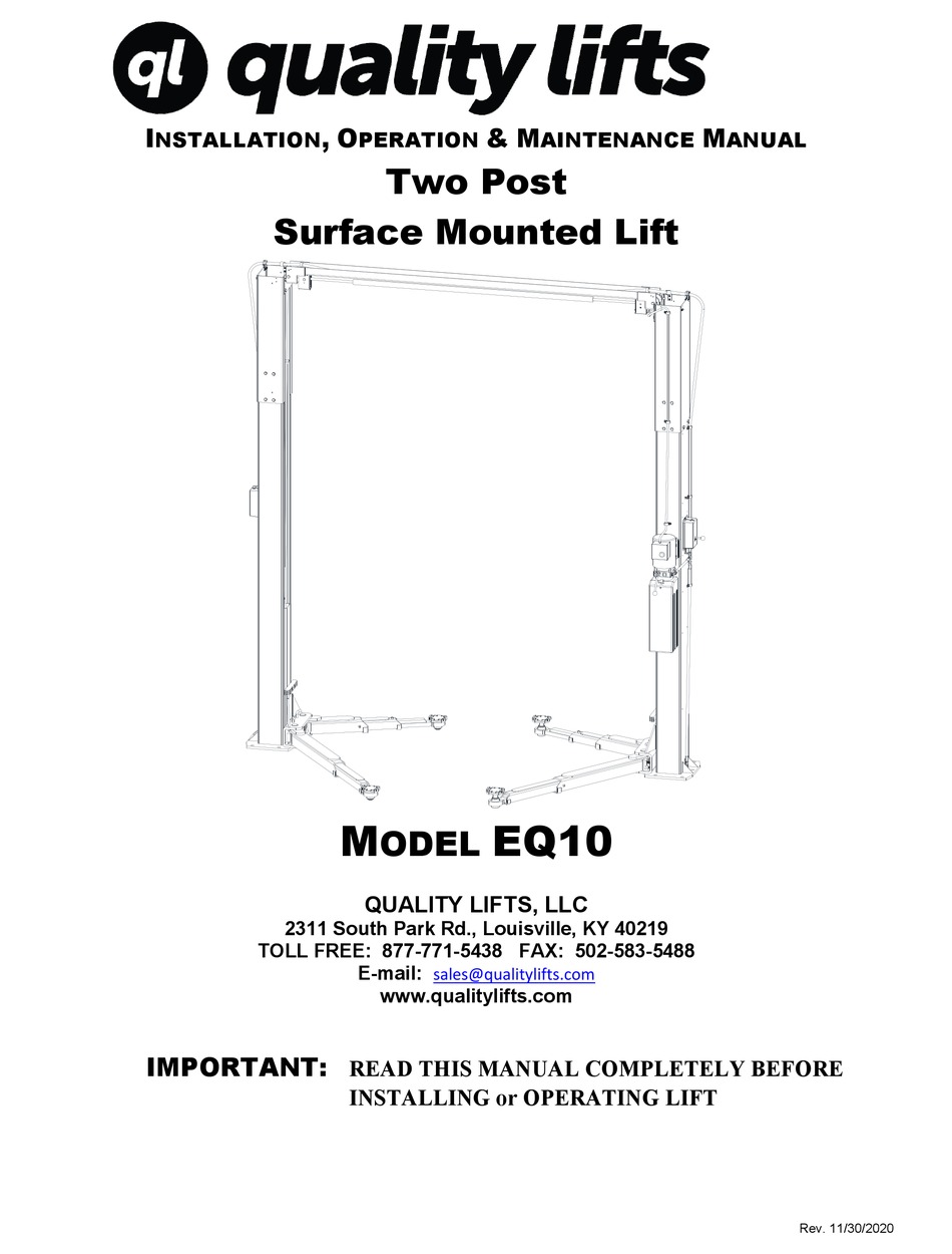 QUALITY LIFTS EQ10 INSTALLATION, OPERATION & MAINTENANCE MANUAL Pdf Download ManualsLib