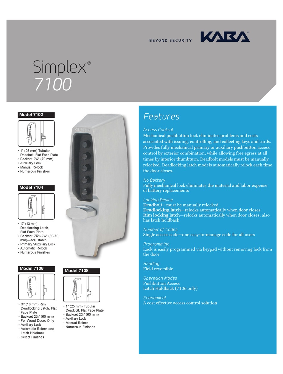 KABA SIMPLEX 7102 INSTRUCTIONS Pdf Download ManualsLib