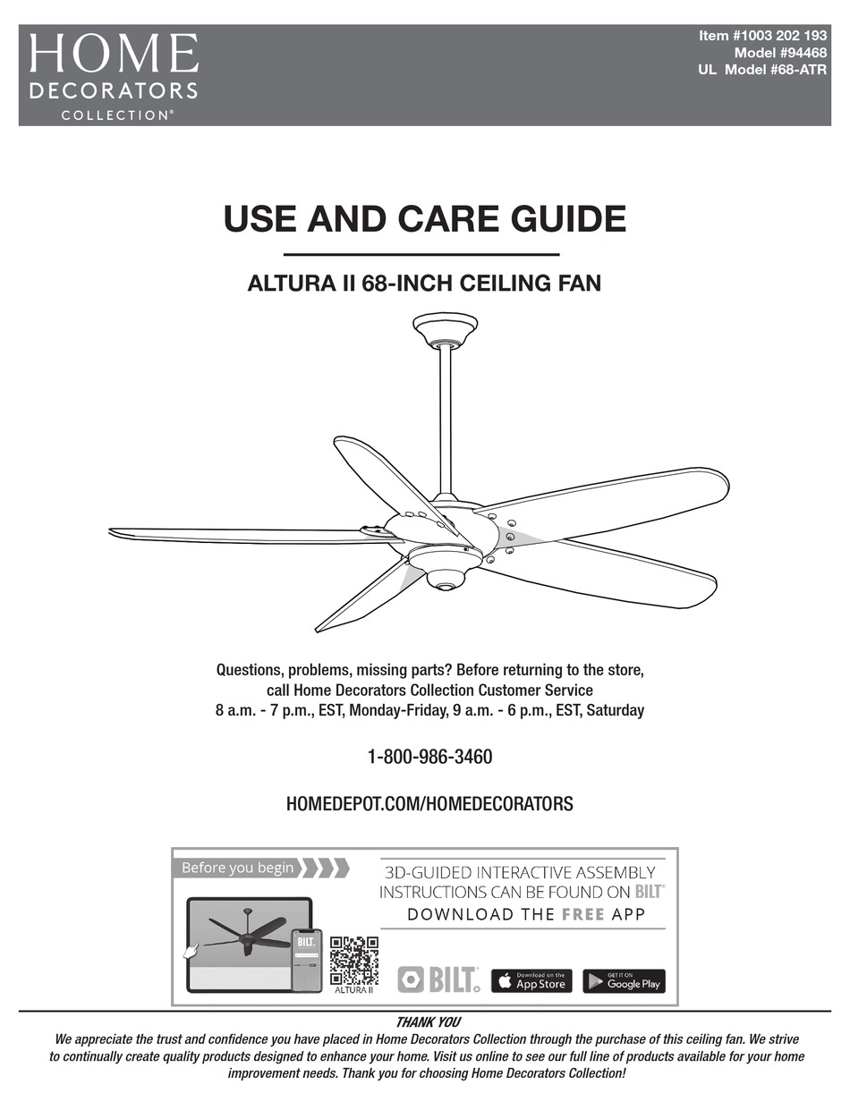 HOME DECORATORS COLLECTION ALTURA II 94468 USE AND CARE MANUAL Pdf