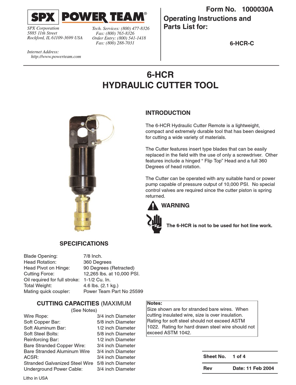 SPX POWER TEAM 6HCR OPERATING INSTRUCTIONS AND PARTS LIST MANUAL Pdf