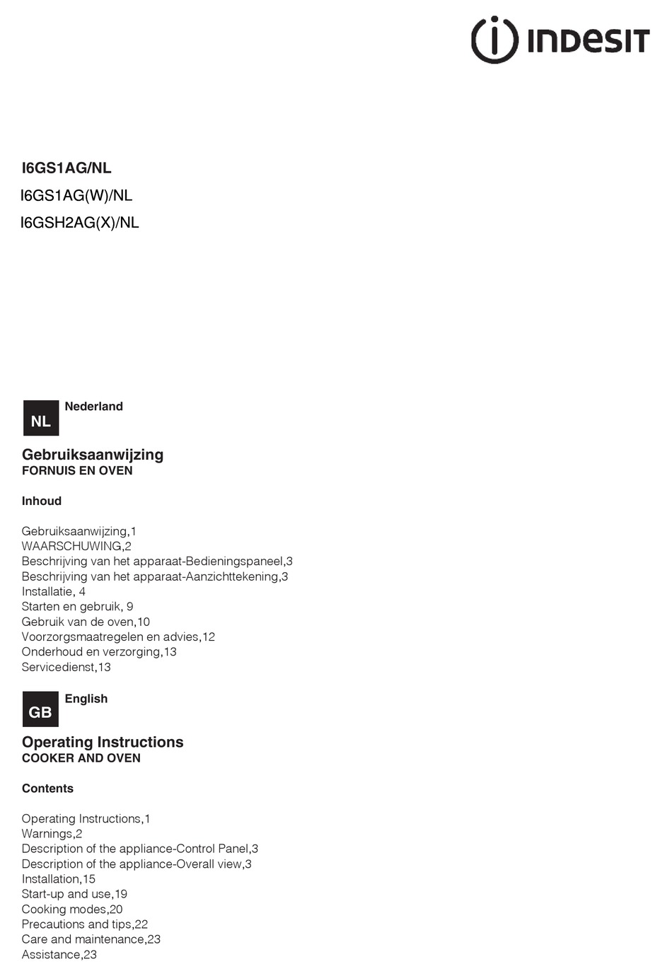 INDESIT I6GS1 AG/NL OPERATING INSTRUCTIONS MANUAL Pdf Download | ManualsLib