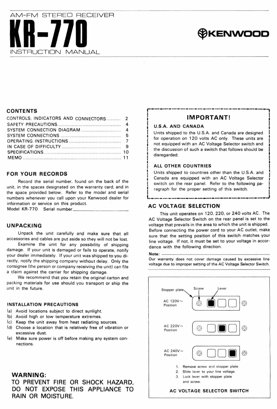 KENWOOD KR-770 INSTRUCTION MANUAL Pdf Download | ManualsLib