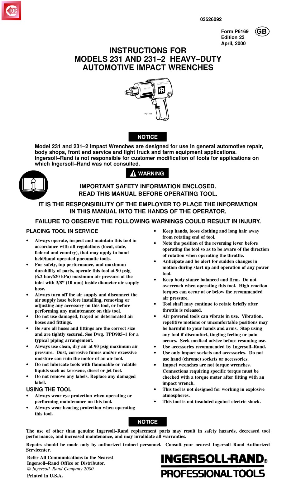 INGERSOLLRAND 231 INSTRUCTIONS MANUAL Pdf Download ManualsLib
