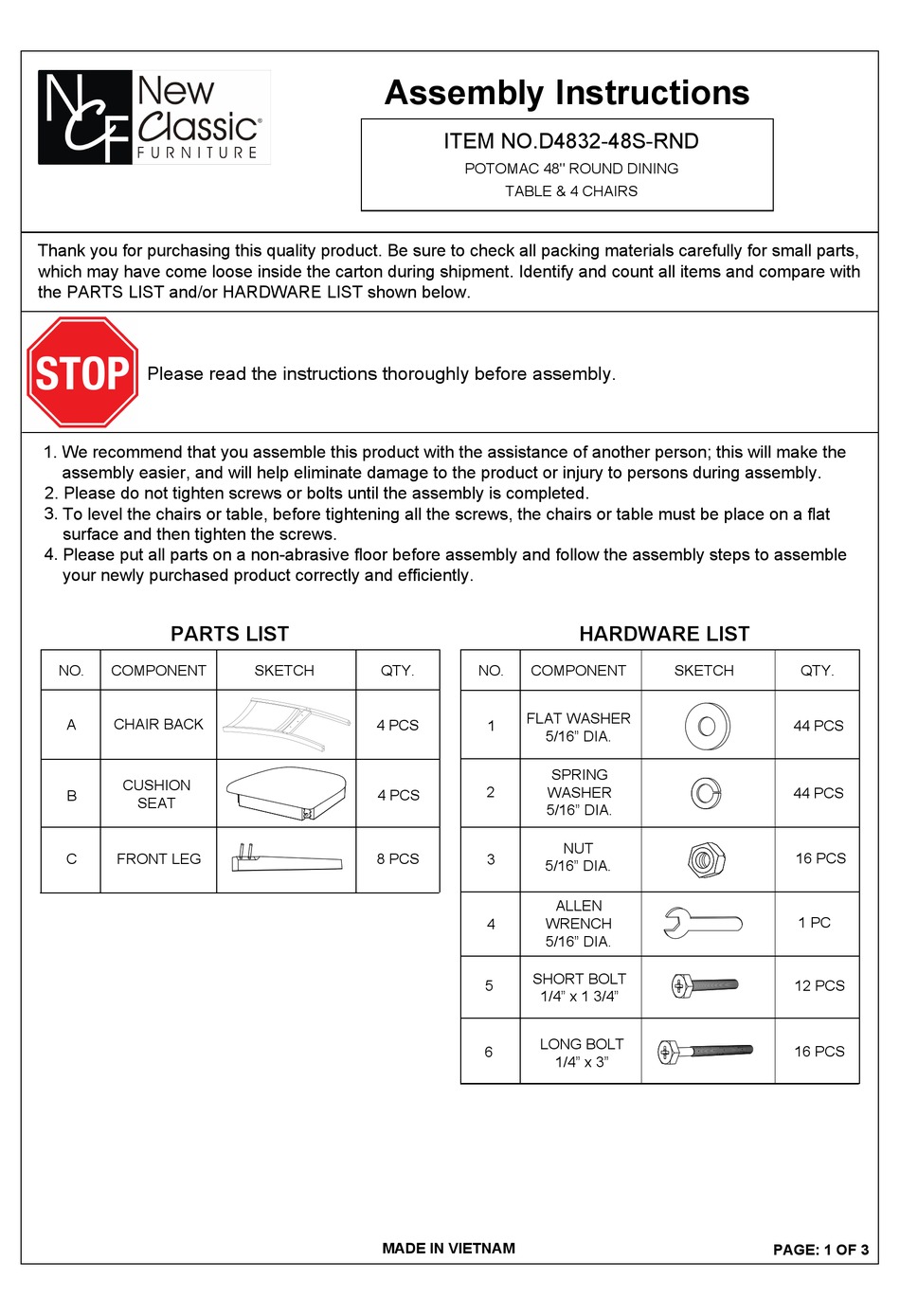 NEW CLASSIC FURNITURE POTOMAC D483248SRND ASSEMBLY INSTRUCTIONS Pdf