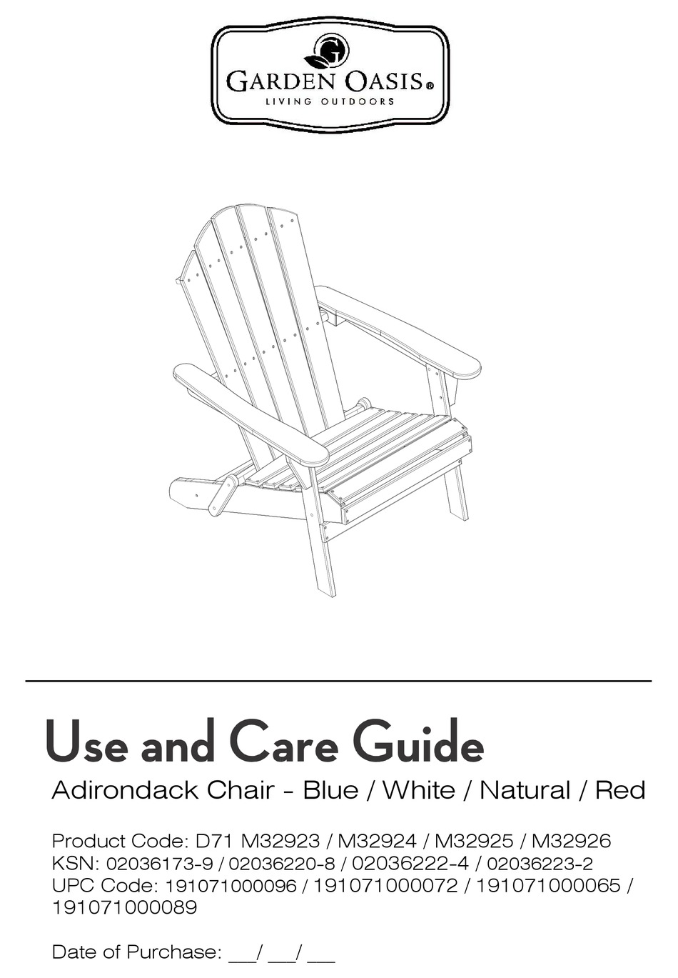 GARDEN OASIS ADIRONDACK M32923 USE AND CARE MANUAL Pdf Download