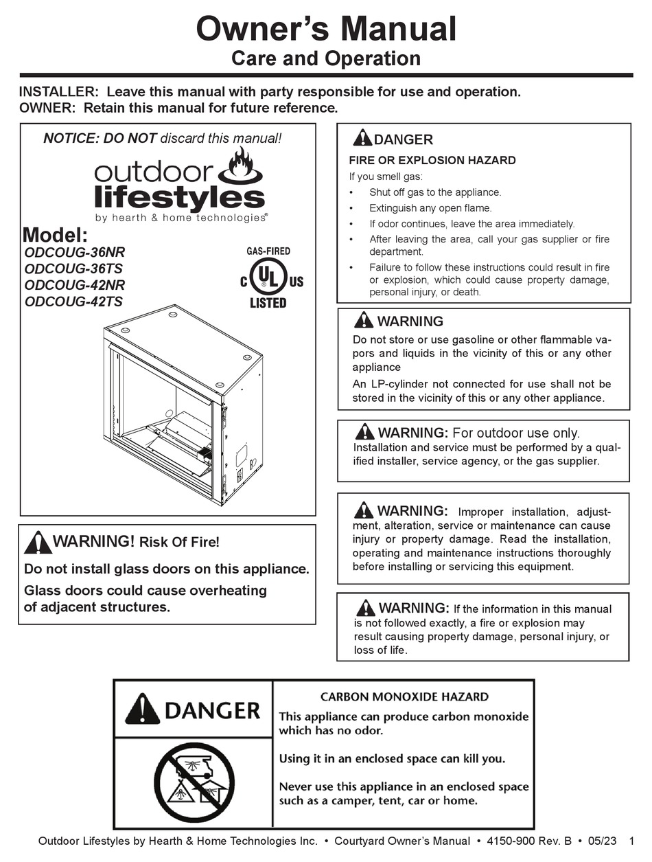 HEARTH & HOME OUTDOOR LIFESTYLES ODCOUG36NR OWNERS MANUAL CARE AND