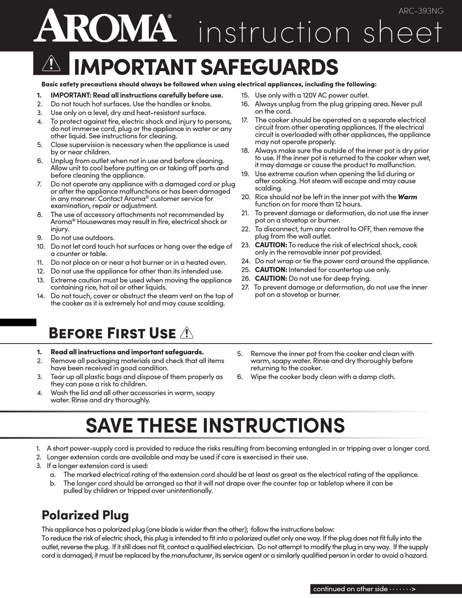 AROMA ARC393NG INSTRUCTION SHEET Pdf Download ManualsLib