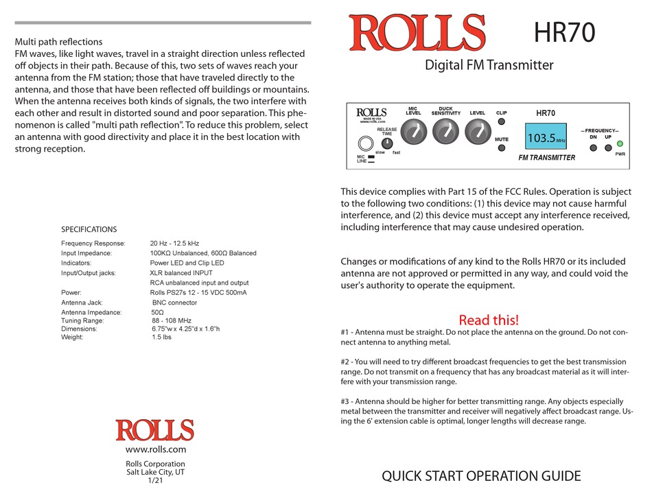 ROLLS HR70 QUICK START OPERATION MANUAL Pdf Download ManualsLib