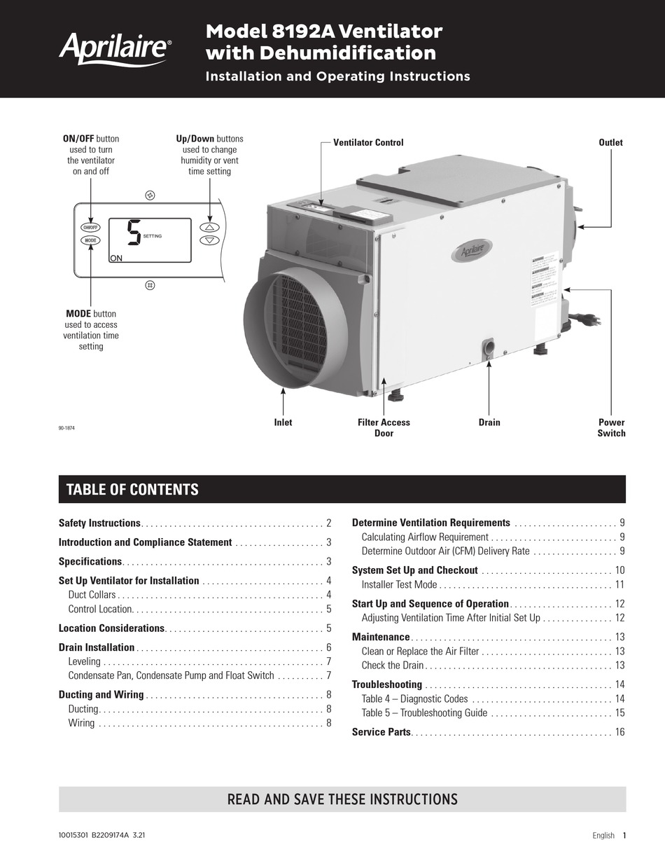 APRILAIRE 8192A INSTALLATION AND OPERATING INSTRUCTIONS MANUAL Pdf