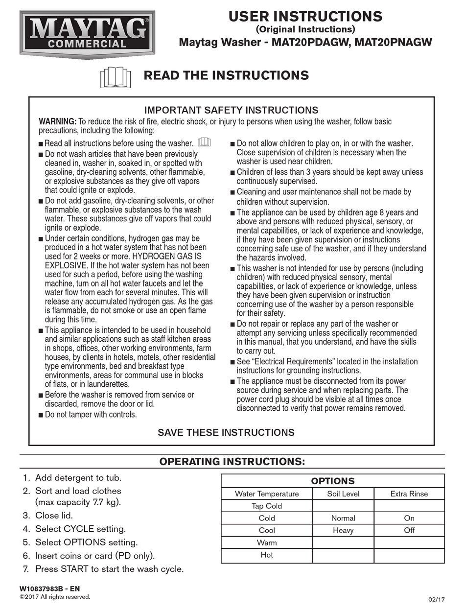 MAYTAG COMMERCIAL MAT20PDAGW USER INSTRUCTIONS Pdf Download ManualsLib