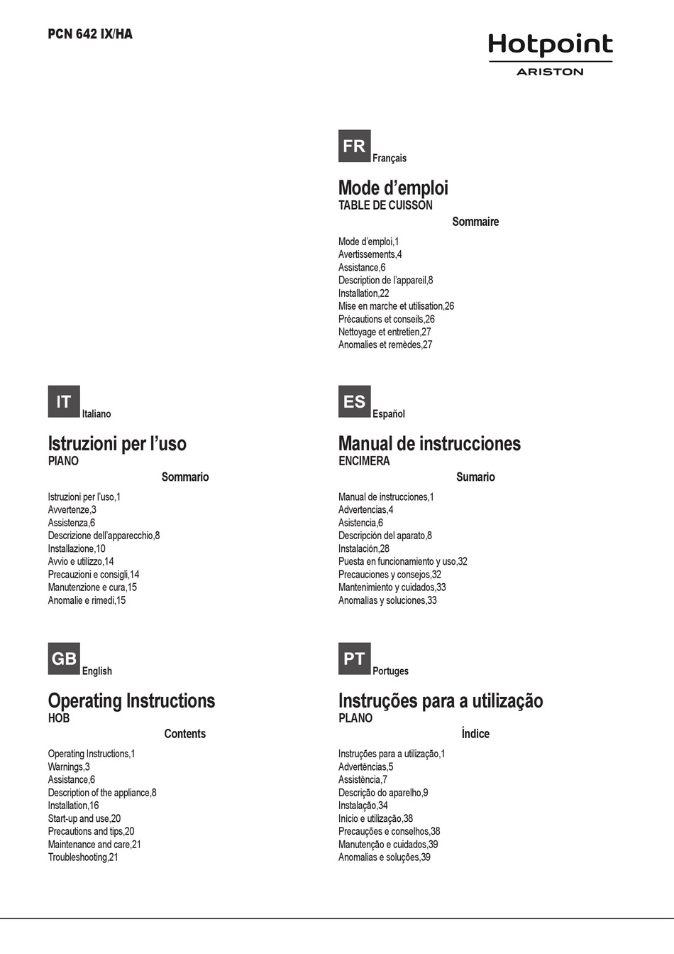 HOTPOINT ARISTON PCN 642 IX/HA OPERATING INSTRUCTIONS MANUAL Pdf ...