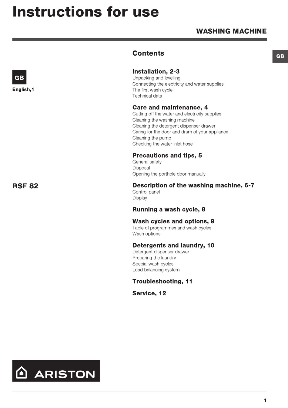 ARISTON RSF 82 INSTRUCTIONS FOR USE MANUAL Pdf Download ManualsLib