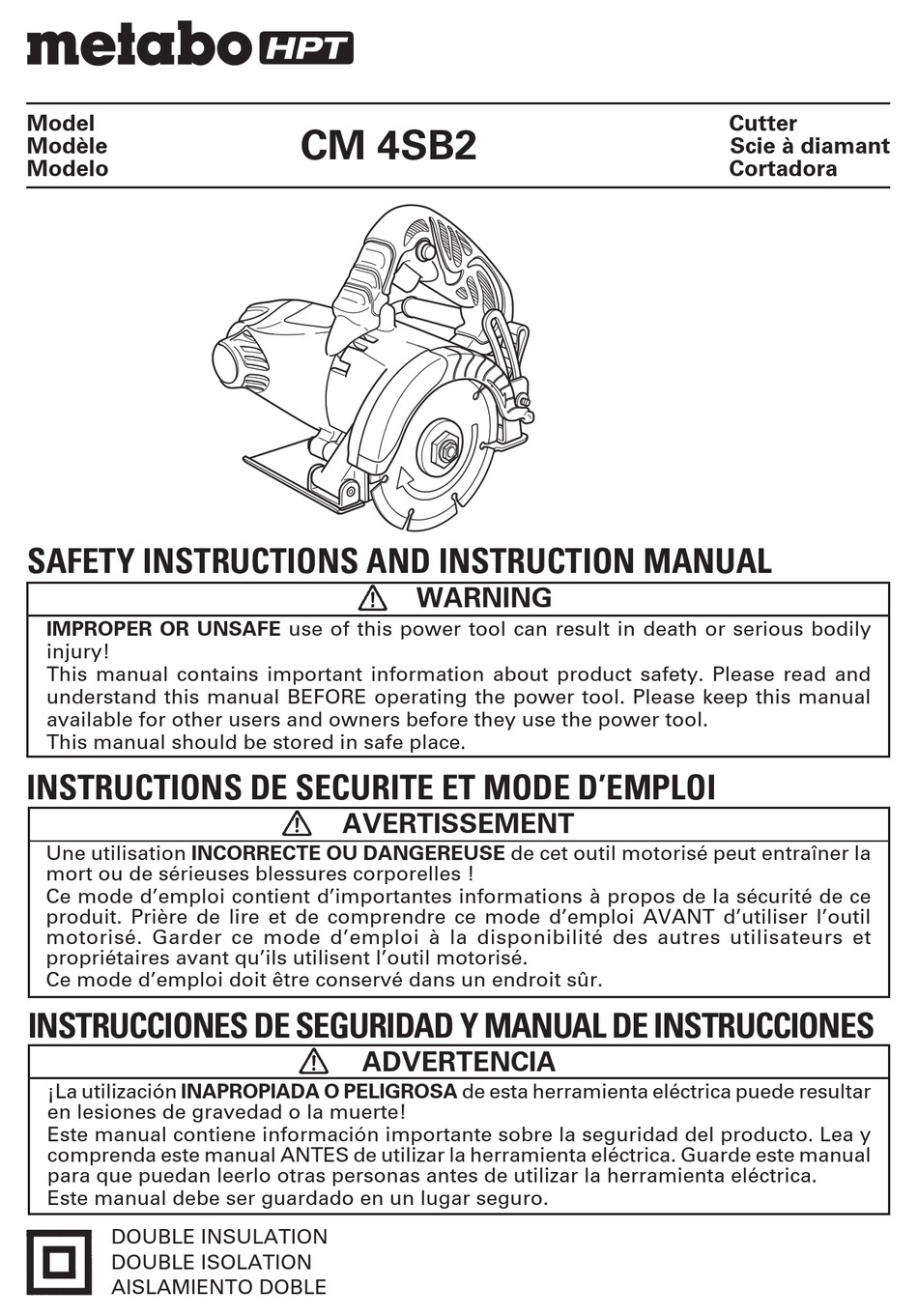 METABO HPT CM 4SB2 SAFETY INSTRUCTIONS AND INSTRUCTION MANUAL Pdf