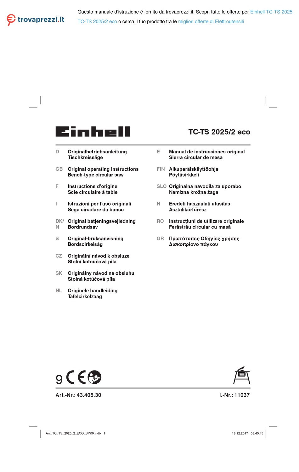 EINHELL TCTS 2025 ORIGINAL OPERATING INSTRUCTIONS Pdf Download