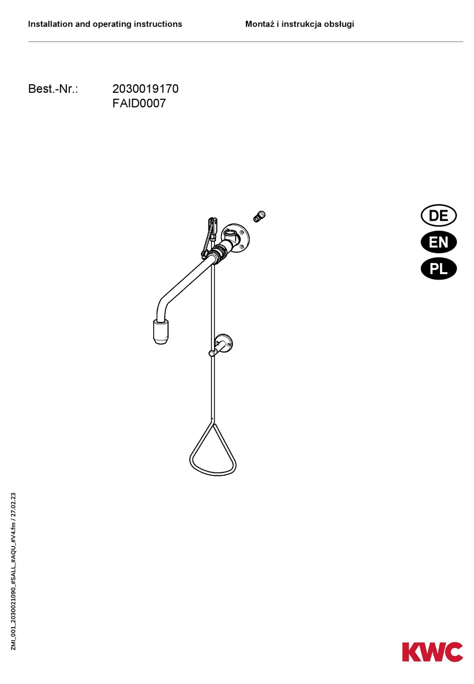 KWC FAID0007 INSTALLATION AND OPERATING INSTRUCTIONS MANUAL Pdf