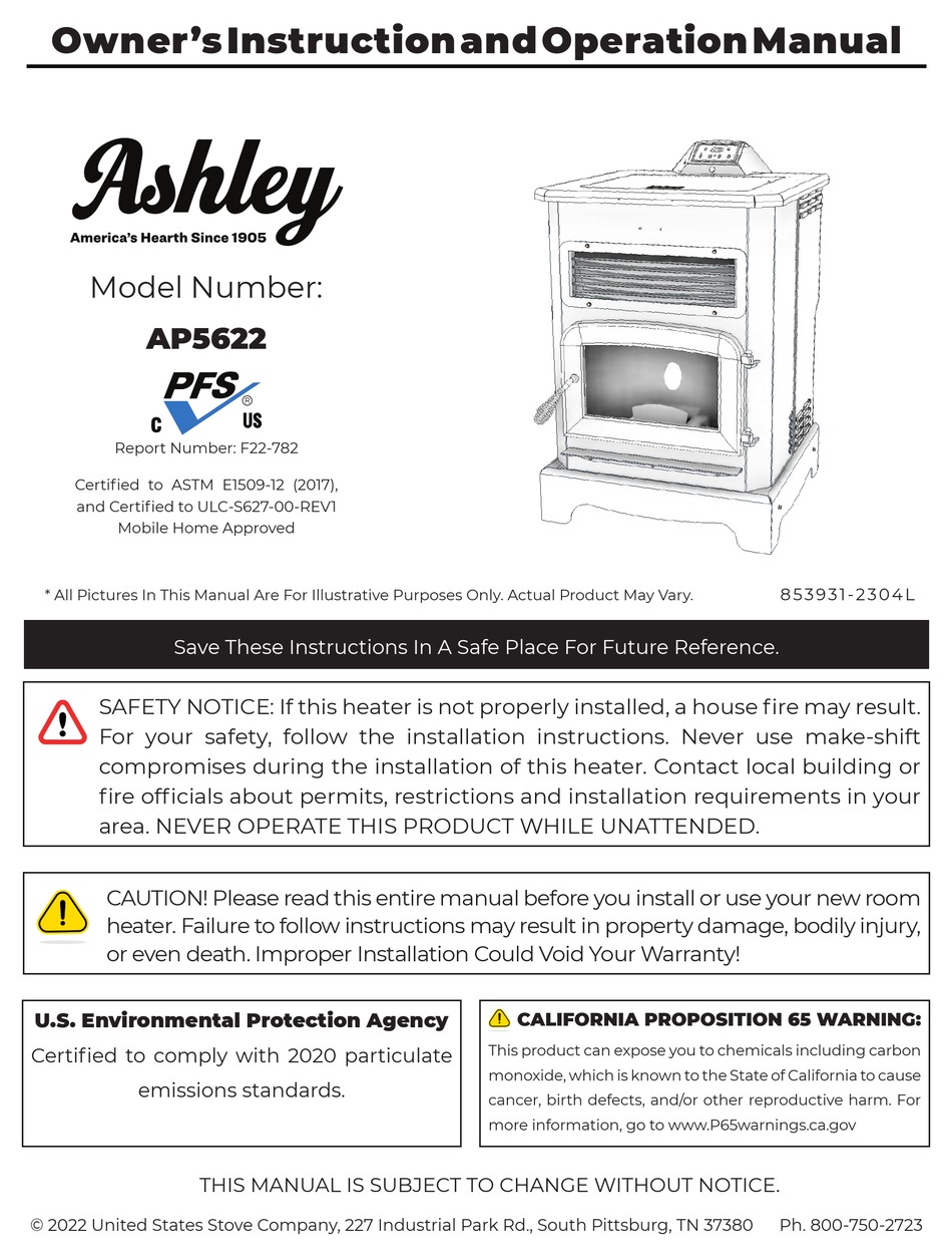 UNITED STATES STOVE COMPANY ASHLEY AP5622 OWNER’S INSTRUCTION AND ...