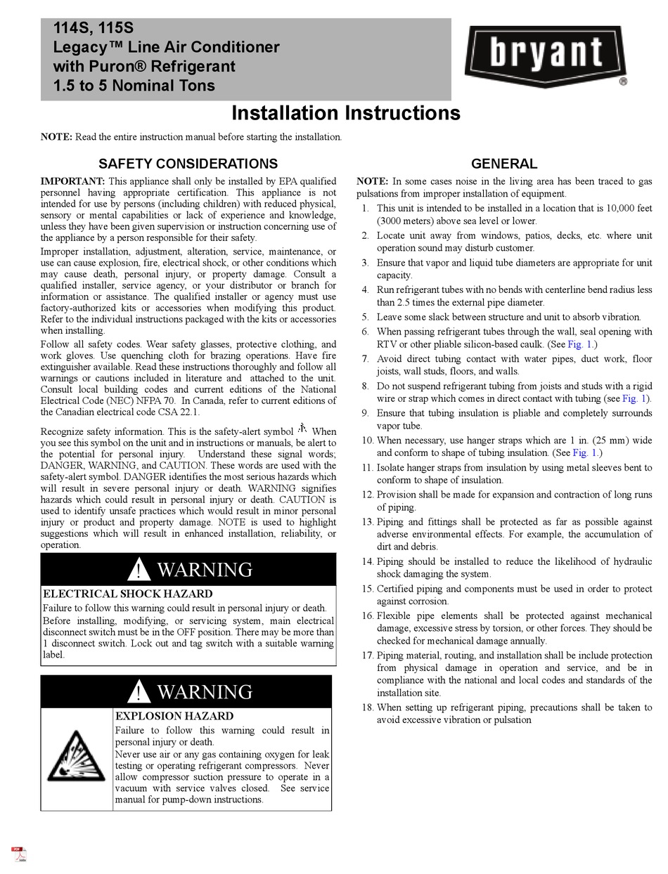 CARRIER BRYANT LEGACY 114S INSTALLATION INSTRUCTIONS MANUAL Pdf