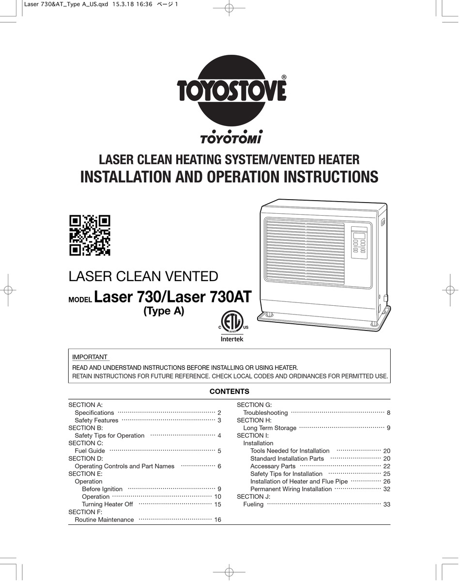 TOYOTOMI TOYOSTOVE LASER 730 ASSEMBLY, INSTALLATION AND OPERATION