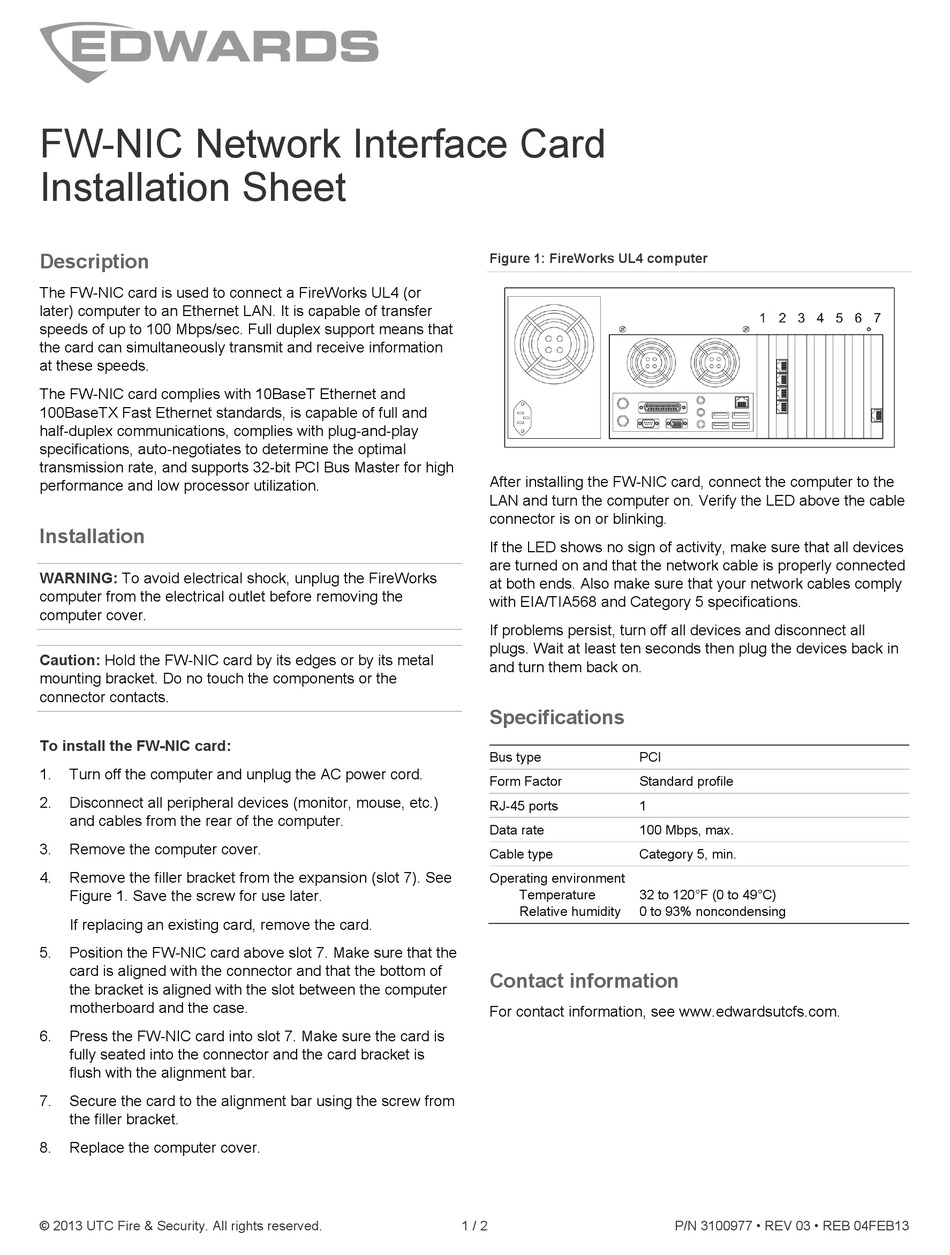 EDWARDS FW-NIC INSTALLATION SHEET Pdf Download | ManualsLib