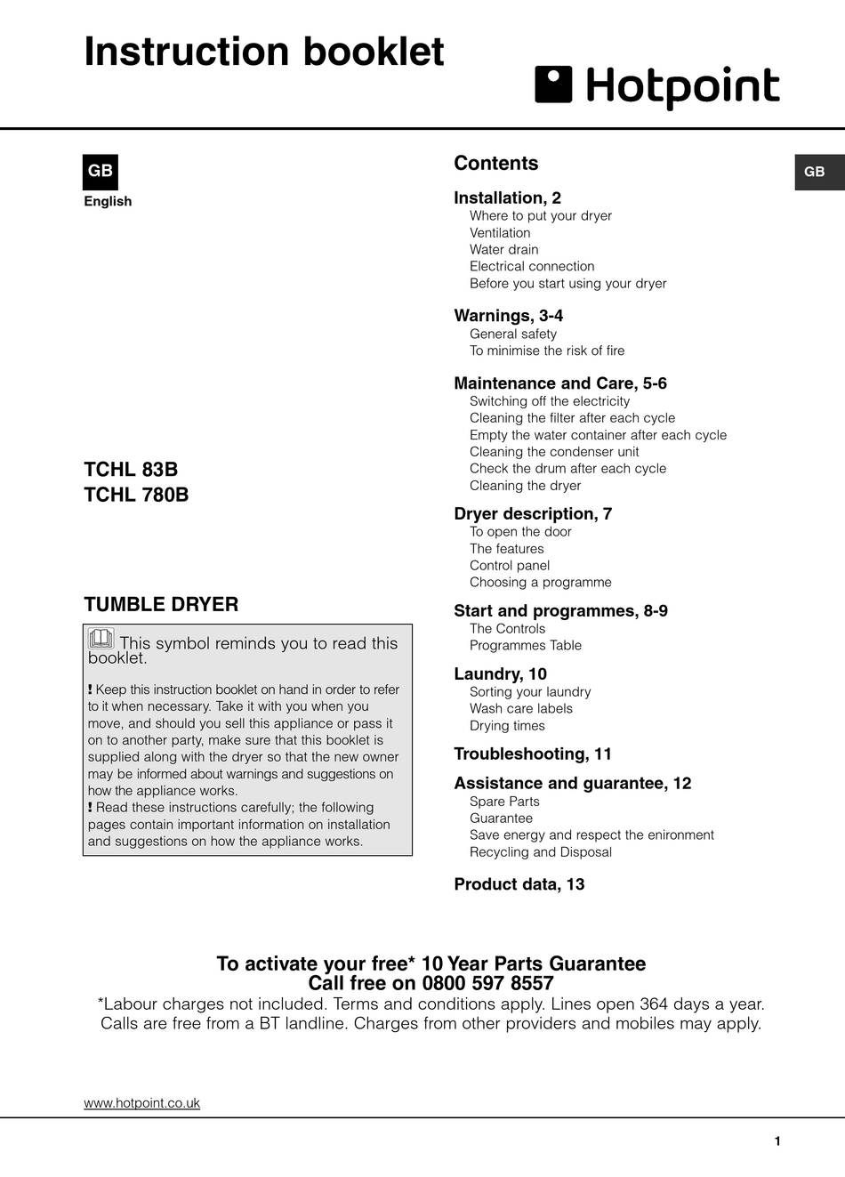 HOTPOINT TCHL 83B INSTRUCTION BOOKLET Pdf Download | ManualsLib