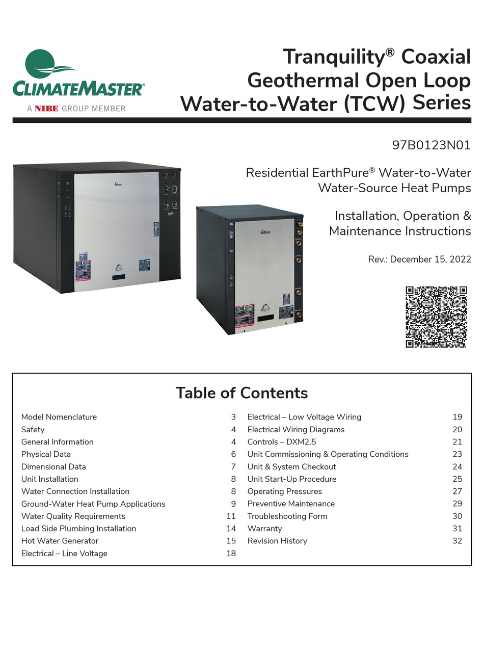 NIBE CLIMATEMASTER TRANQUILITY TCW SERIES INSTALLATION, OPERATION