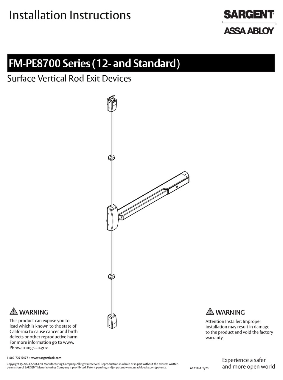 ASSA ABLOY SARGENT FM-PE8700 SERIES INSTALLATION INSTRUCTIONS MANUAL ...