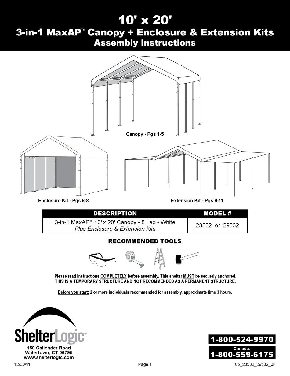 SHELTERLOGIC MAXAP 3IN1 ASSEMBLY INSTRUCTIONS MANUAL Pdf Download