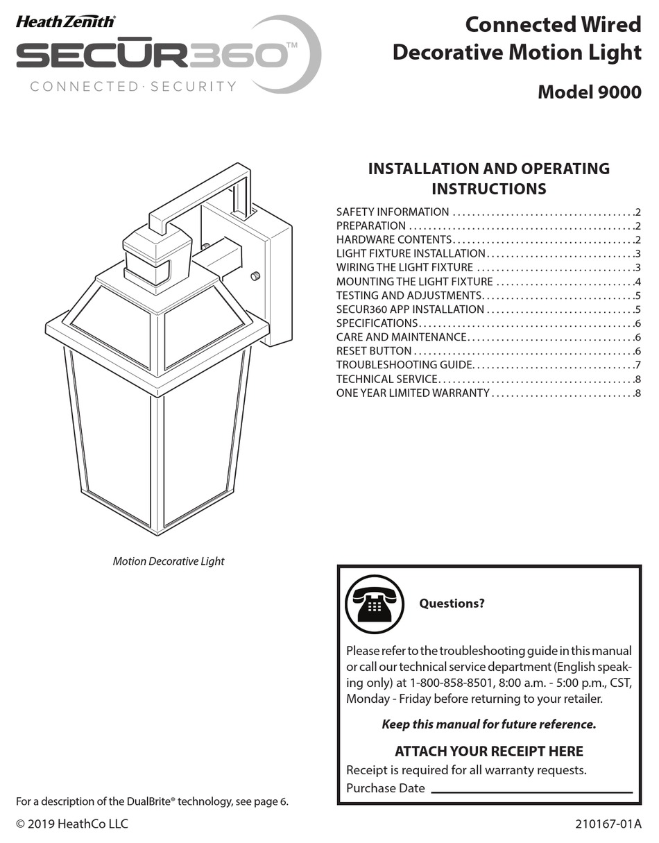HEATH ZENITH SECUR360 9000 INSTALLATION AND OPERATING INSTRUCTIONS