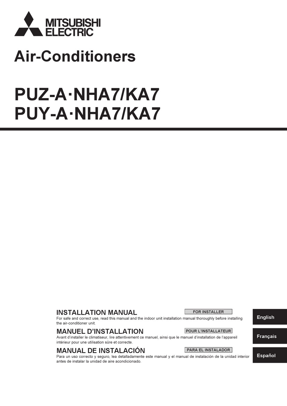 MITSUBISHI ELECTRIC PUZA12NHA7 INSTALLATION MANUAL Pdf Download