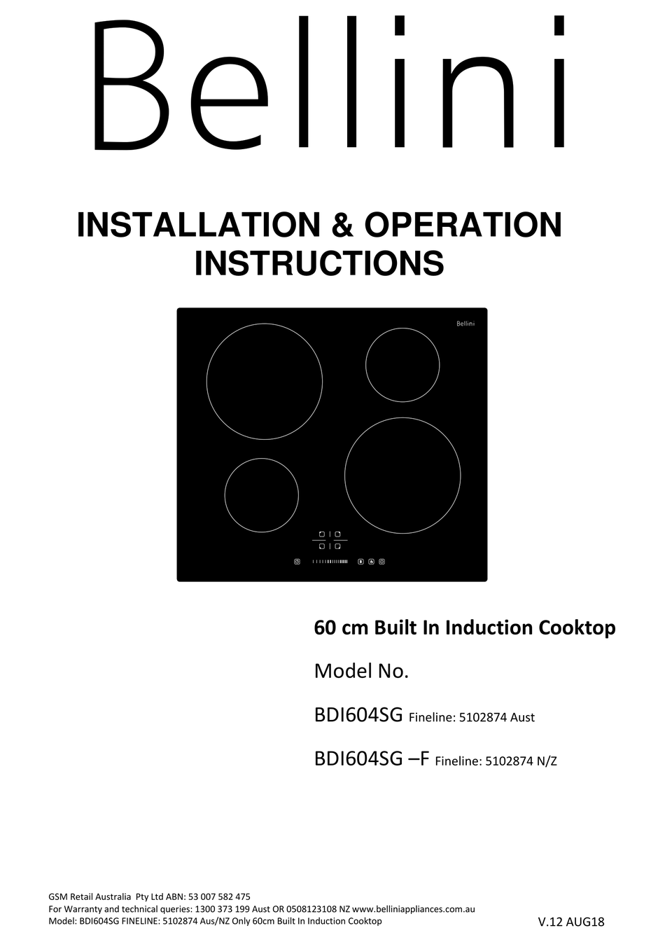 BELLINI BDI604SG INSTALLATION & OPERATION INSTRUCTIONS Pdf Download
