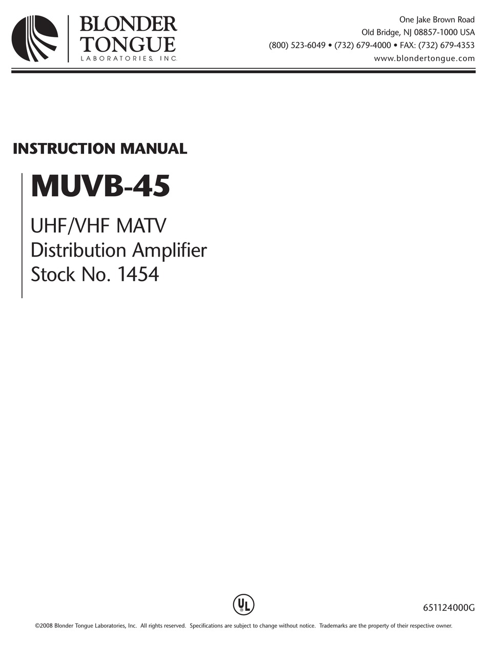 Blonder Tongue Muvb 45 Instruction Manual Pdf Download Manualslib 7775