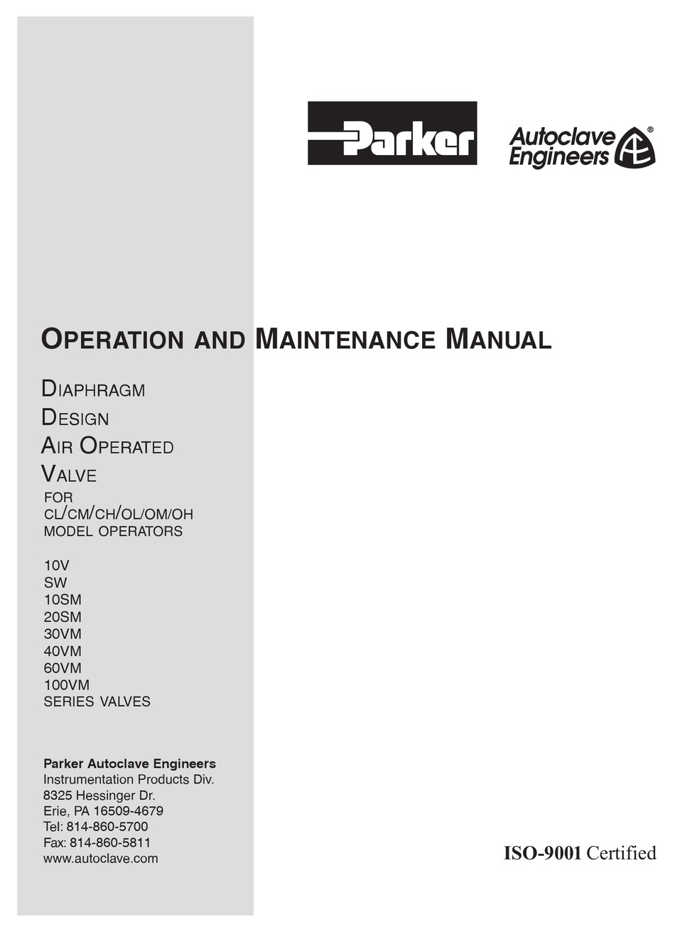 PARKER AUTOCLAVE ENGINEERS 10V SERIES OPERATION AND MAINTENANCE MANUAL
