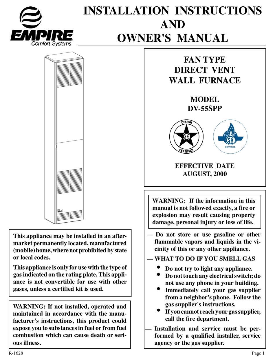 EMPIRE COMFORT SYSTEMS DV-55SPP INSTALLATION INSTRUCTIONS AND OWNER'S ...