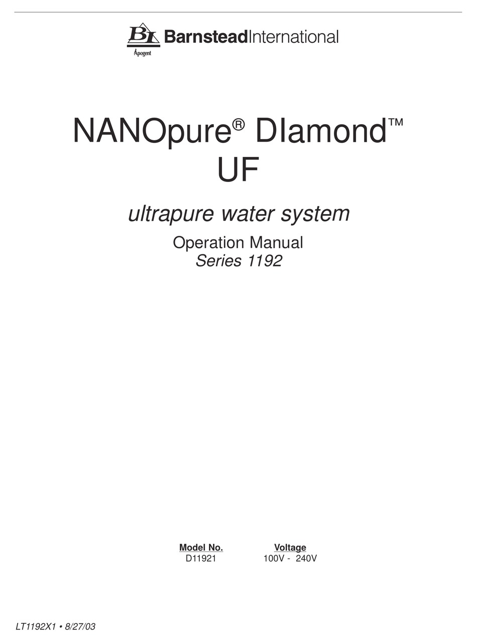 BARNSTEAD INTERNATIONAL NANOPURE DIAMOND 1192 SERIES OPERATION MANUAL
