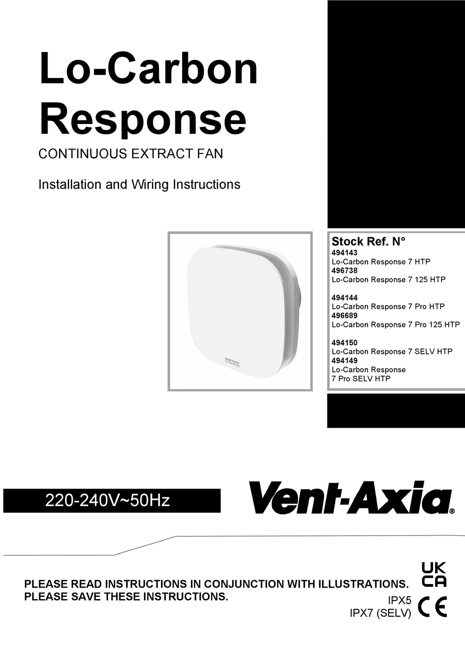VENT-AXIA LO-CARBON RESPONSE 7 HTP INSTALLATION AND WIRING INSTRUCTIONS