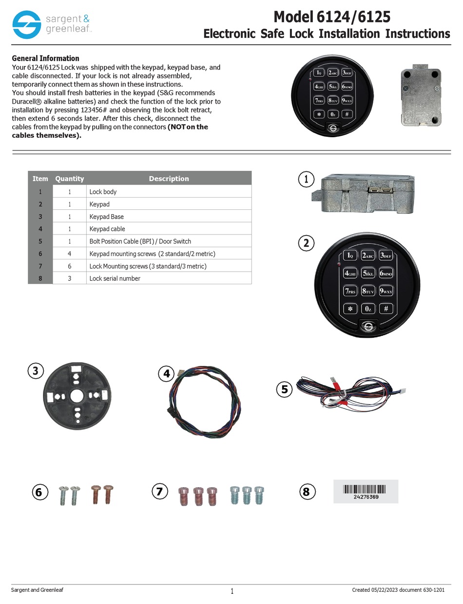 SARGENT AND GREENLEAF 6125 INSTALLATION INSTRUCTIONS MANUAL Pdf