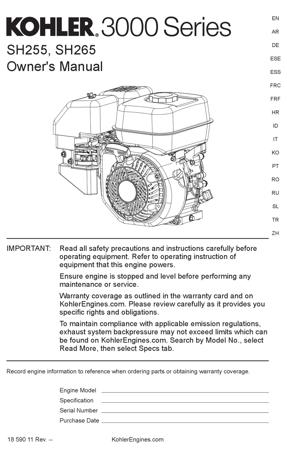 KOHLER 3000 SERIES OWNER