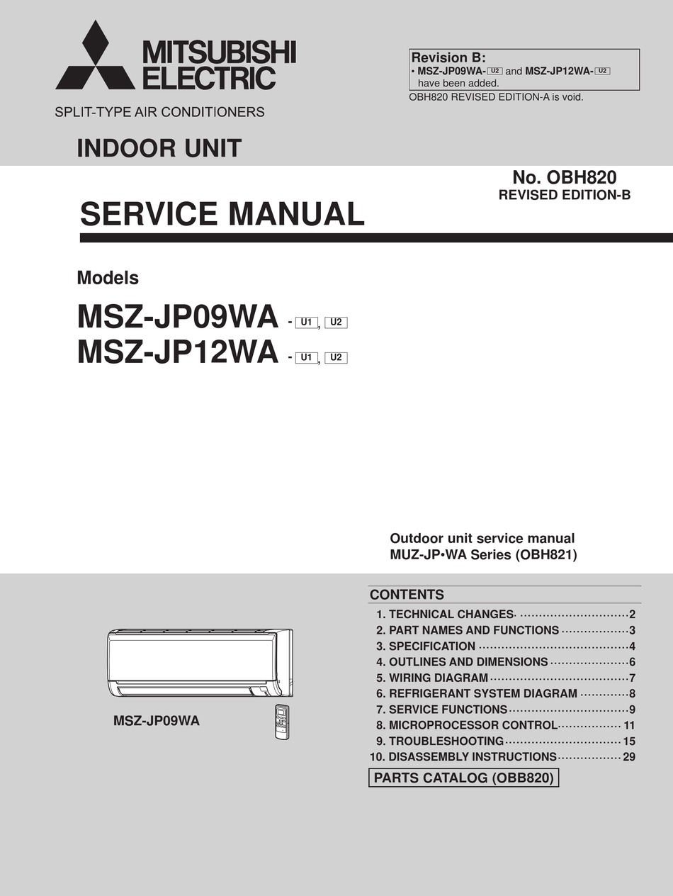 MITSUBISHI ELECTRIC MSZ-JP09WA-U1 SERVICE MANUAL Pdf Download | ManualsLib