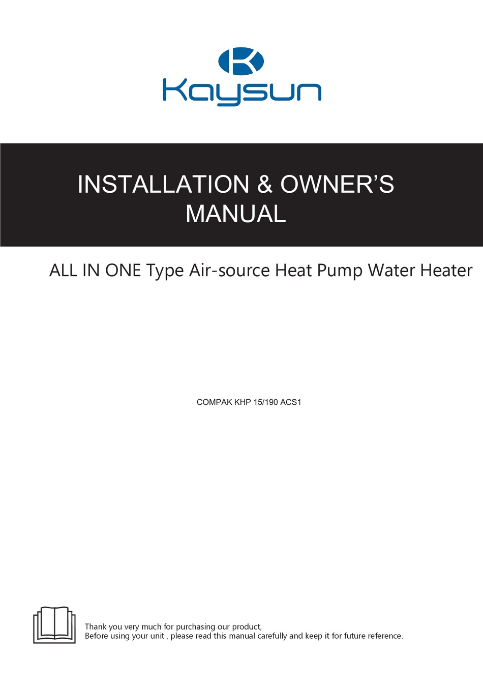 KAYSUN COMPAK KHP 15/190 ACS1 INSTALLATION & OWNER'S MANUAL Pdf