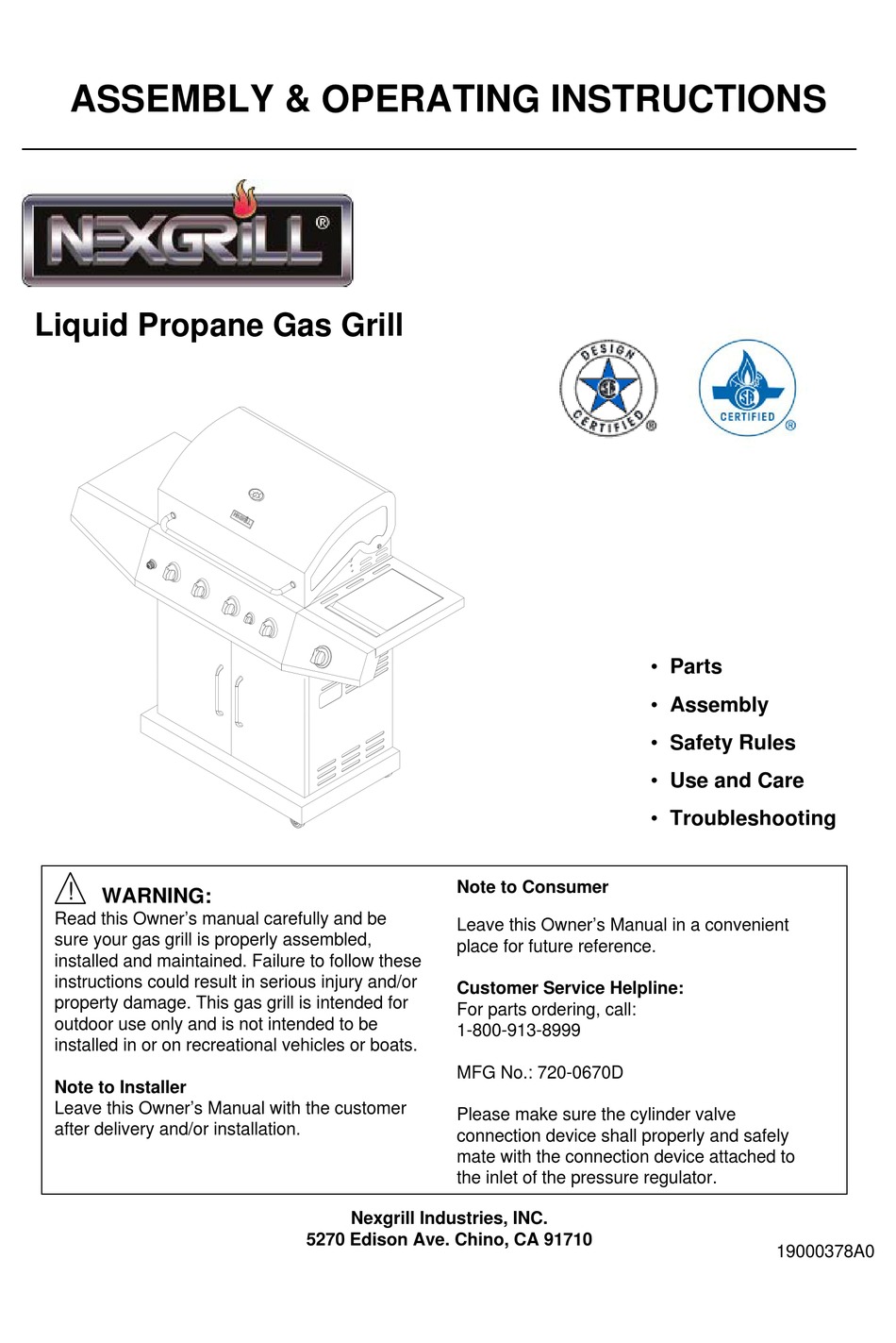 NEXGRILL 7200670D ASSEMBLY & OPERATING INSTRUCTIONS Pdf Download