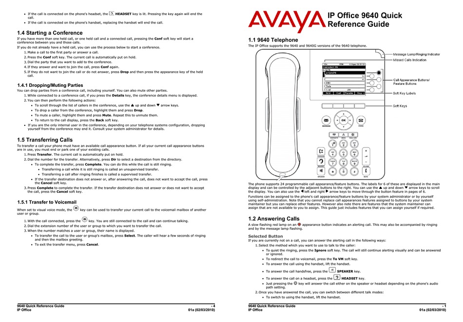 AVAYA IP OFFICE 9640 QUICK REFERENCE MANUAL Pdf Download | ManualsLib