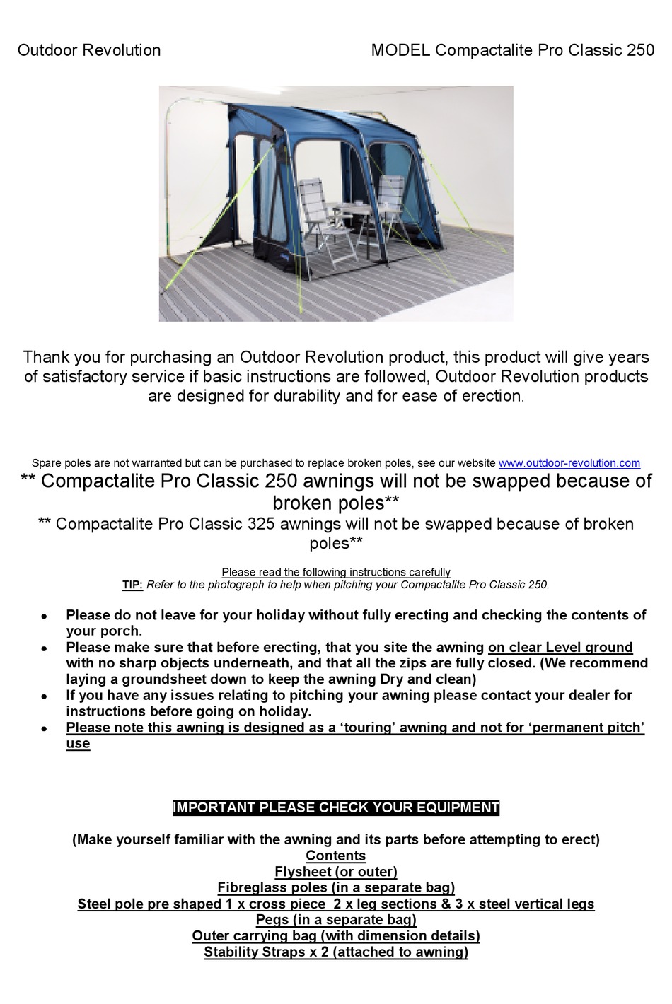 OUTDOOR REVOLUTION COMPACTALITE PRO CLASSIC 250 INSTRUCTIONS Pdf