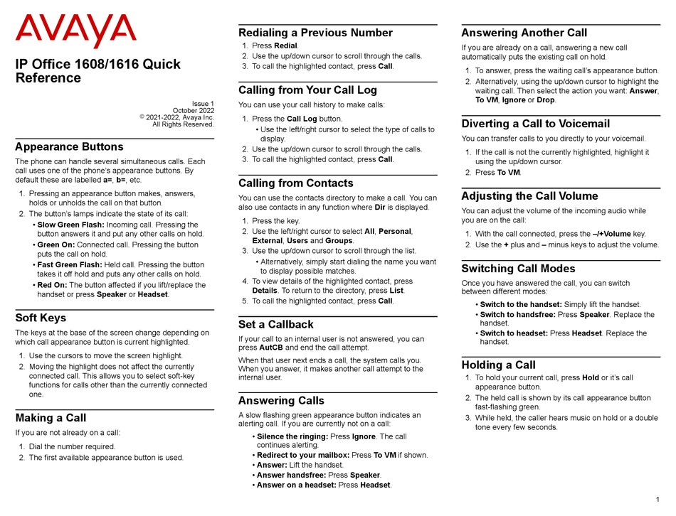 AVAYA IP OFFICE 1608 QUICK REFERENCE Pdf Download | ManualsLib