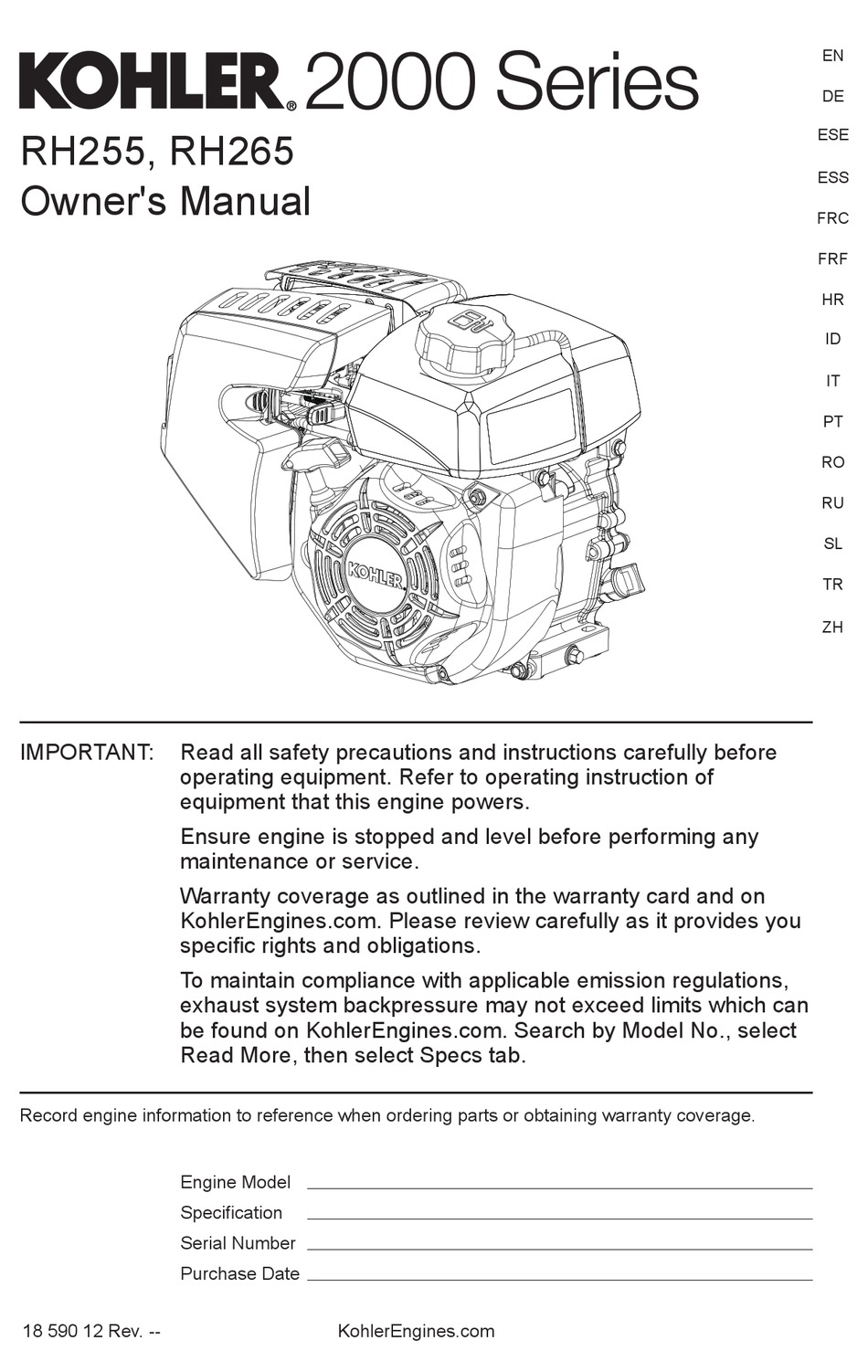 KOHLER RH265 OWNER S MANUAL Pdf Download ManualsLib   Kohler Rh265 