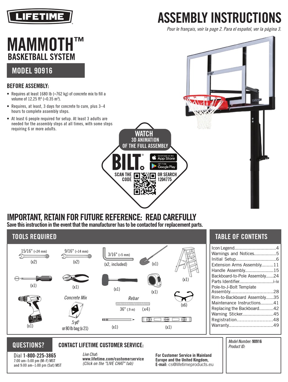 LIFETIME MAMMOTH 90916 ASSEMBLY INSTRUCTIONS MANUAL Pdf Download