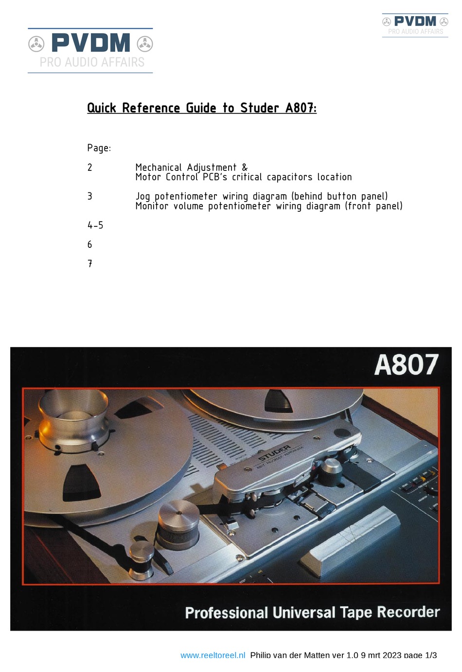 STUDER A807 QUICK REFERENCE MANUAL Pdf Download ManualsLib