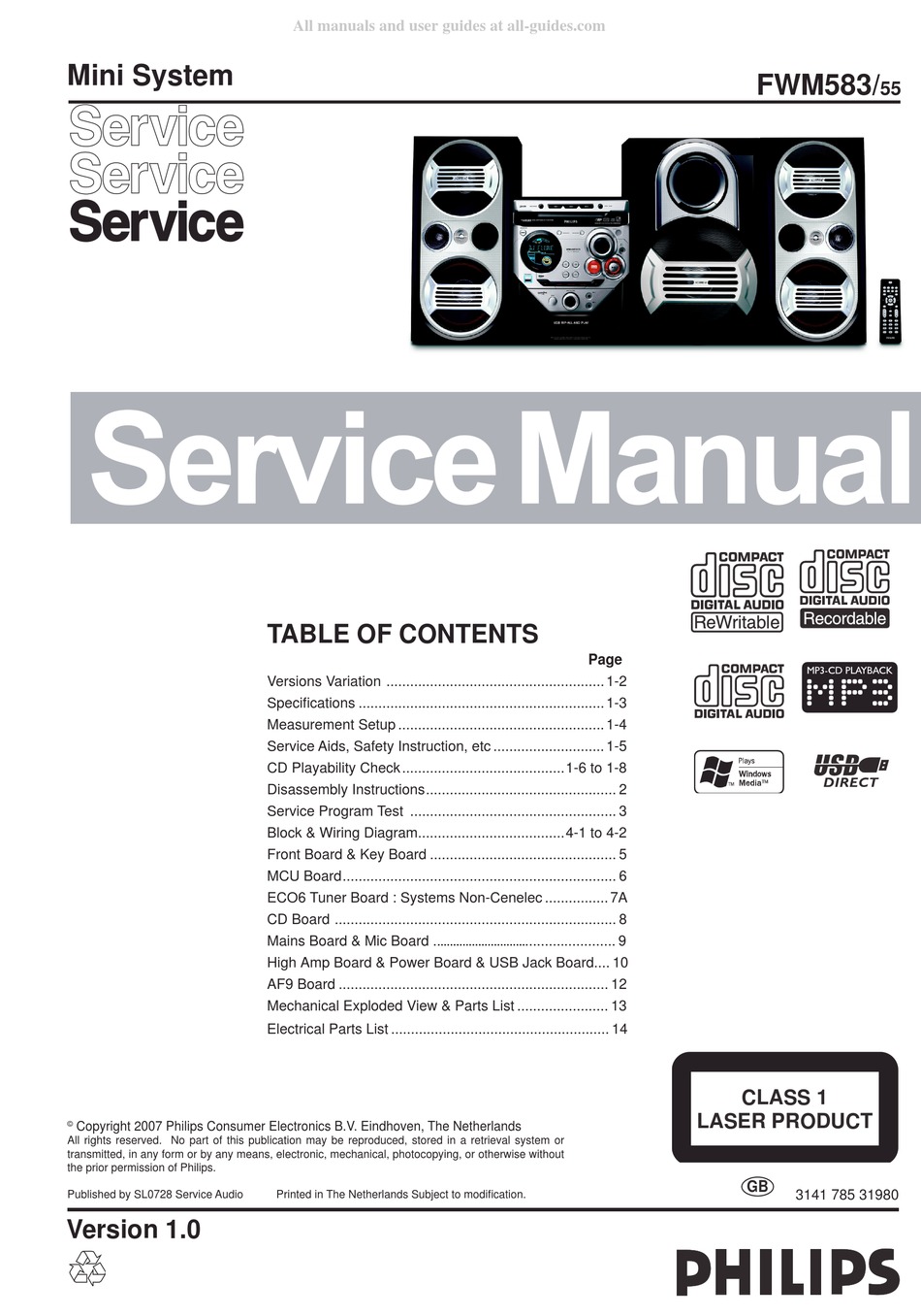 PHILIPS FWM583 SERVICE MANUAL Pdf Download | ManualsLib