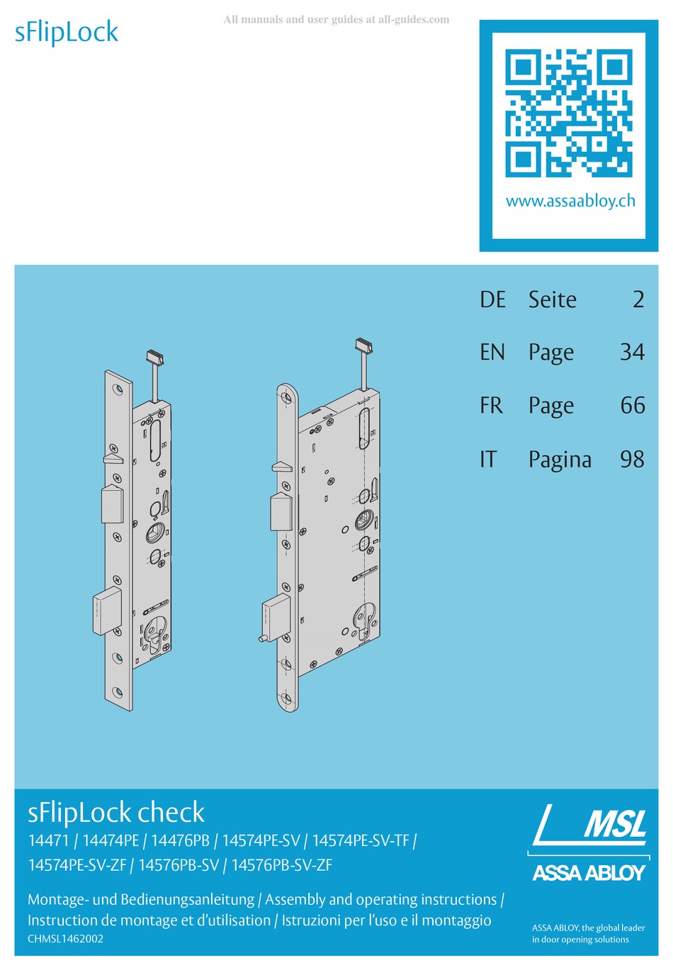 ASSA ABLOY SFLIPLOCK CHECK 14471 ASSEMBLY AND OPERATING INSTRUCTIONS