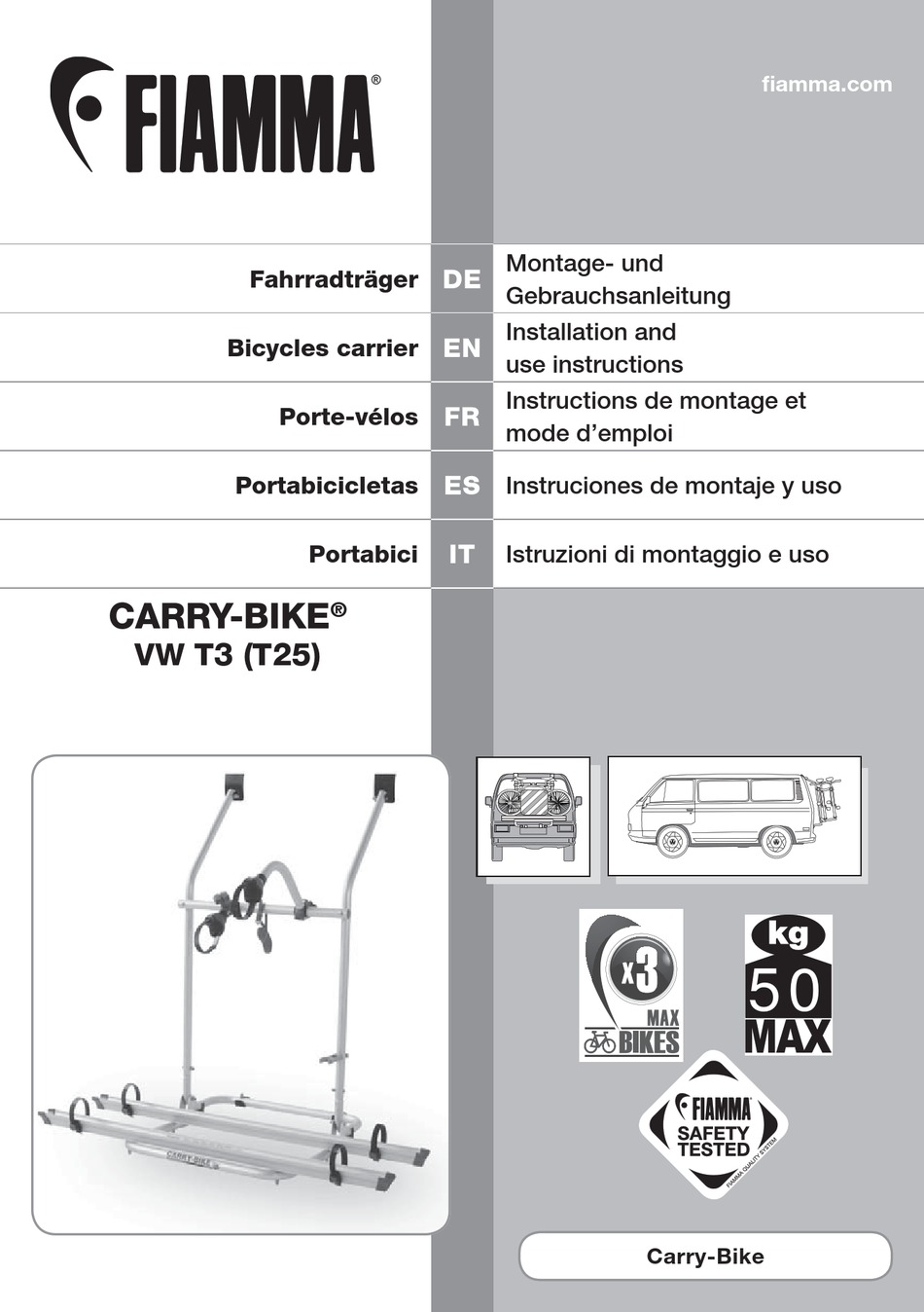 FIAMMA CARRYBIKE VW T3 T25 INSTALLATION AND USE INSTRUCTION Pdf